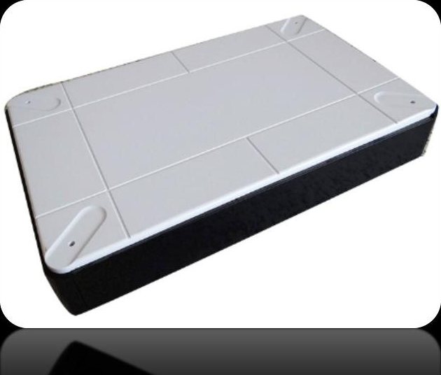 White network device housing top cover with screw bosses and a snap fit